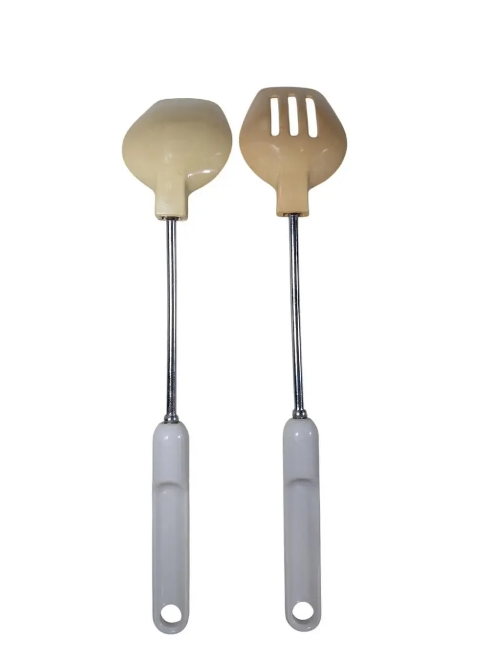 2 Vintage Unbranded Ekco-like Melamine Slotted Spoons Cream Colored